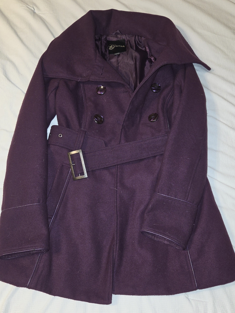 Guess Women’s Double-Breasted Belted Peacoat in Deep Plum
